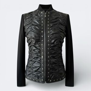 Peter Nygard Black Leather Studded Jacket with Knit Sleeves Size S